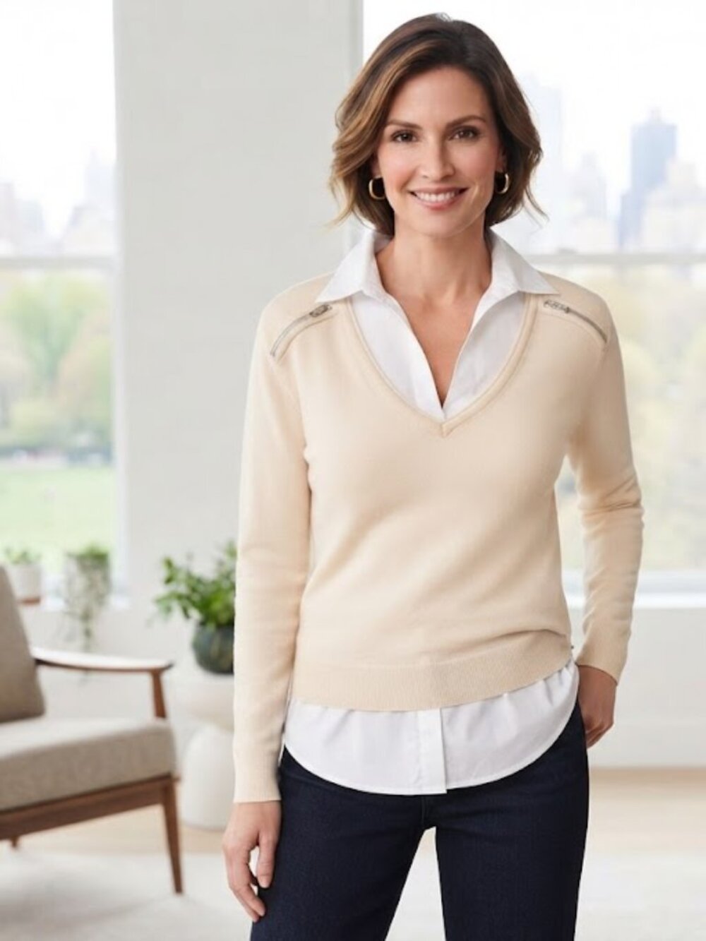 Light Cream Layered V-Neck Sweater with Shirt Detail